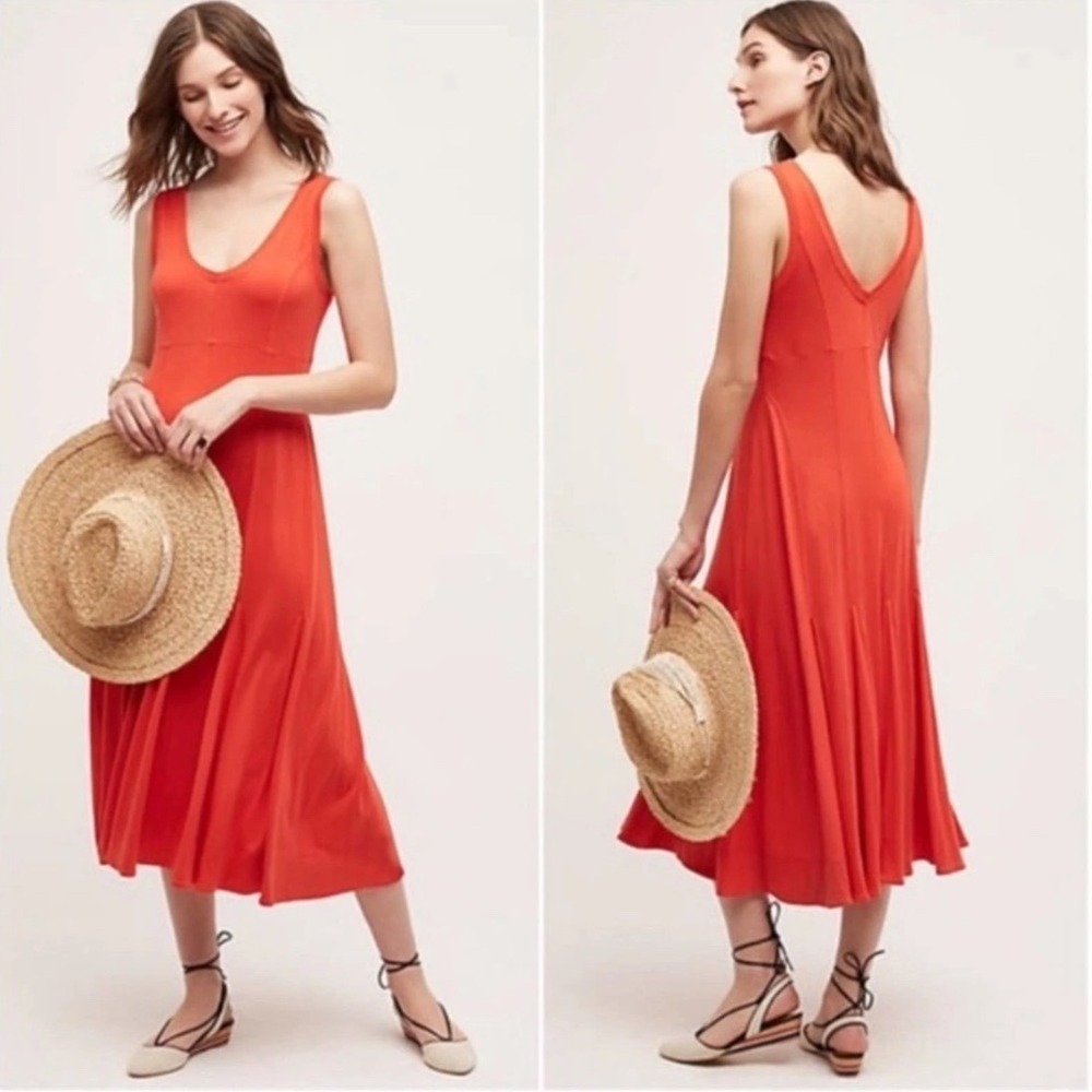 Maeve Anthropologie Abroad‎ V-Neck Sleeveless Midi Dress Size Medium Orange